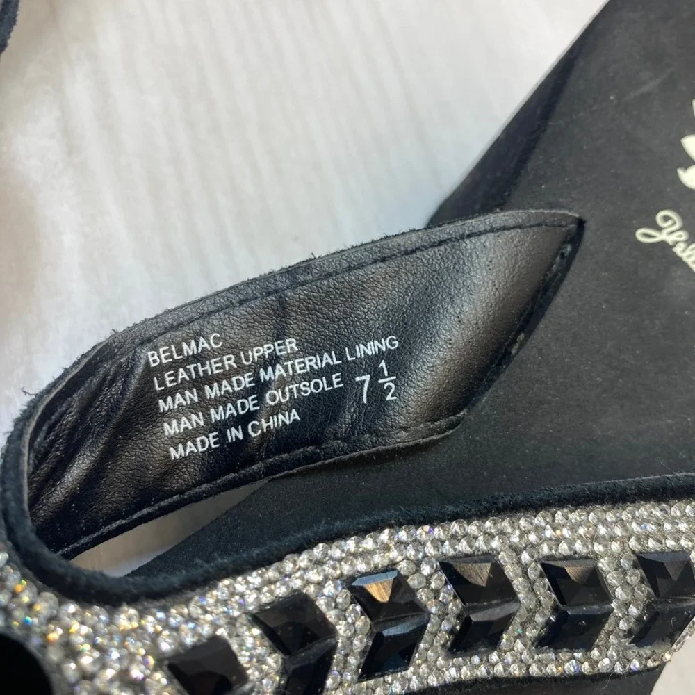 Yellow Box Womens 7.5 Platform Flip Flops Belmac Wedge Rhinestone Black Sparkle